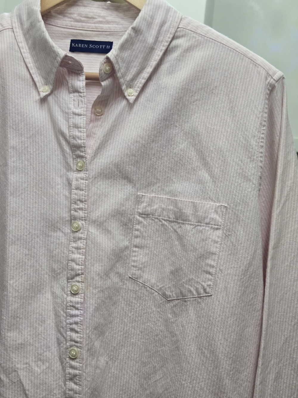 Karen Scott Pale Pink Striped Button-Down Shirt with Chest Pocket